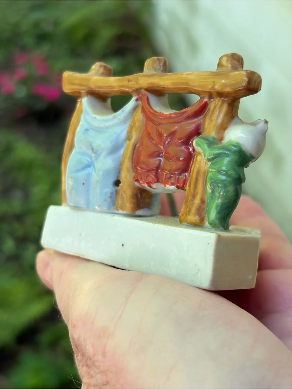 Vtg Occupied Japan Ceramic Cat Clothesline Ashtray Match Holder Rare Mid Century